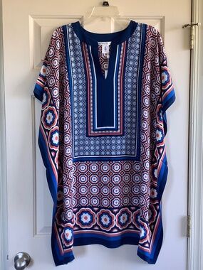 TRINA TURK Theodora Silk Geometric Print Caftan Dress Blue Multi SZ M/L